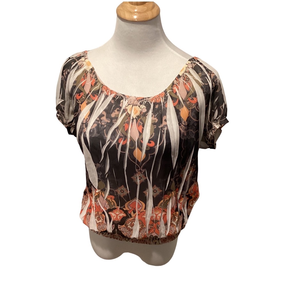 Papaya Women Orange Black Paisley‎ Print Smocked Hem Blouse Medium T10136-7774